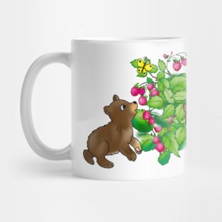 cartoon bear cubs on a background of raspberries and flowers Mug